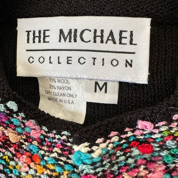 Vintage Cardigan Sweater The Michael Collection Black Rainbow Boucle Trim Size M - Picture 5 of 7